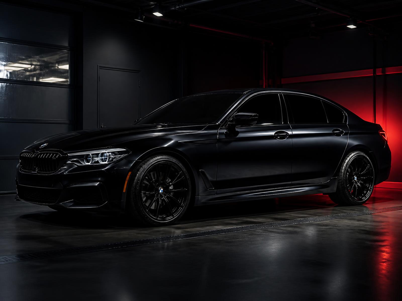 Freshly tinted black sedan in a detailing bay